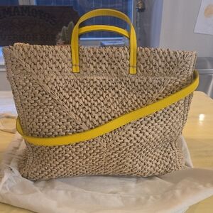 Clare V. Simple Woven Raffia Tote Bag Stylish Tan and Yellow